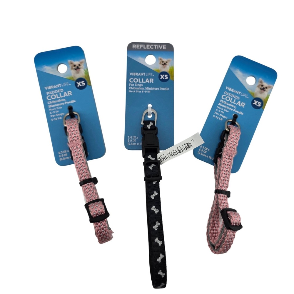 Vibrant Life Dog Collar Bundle Padded Reflective Assorted‎ Styles 3 Collars  XS